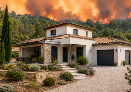 Incendies : quels matériaux protègent vraiment une maison des flammes ? Maison construite avec des matériaux résistants au feu face à un incendie de forêt