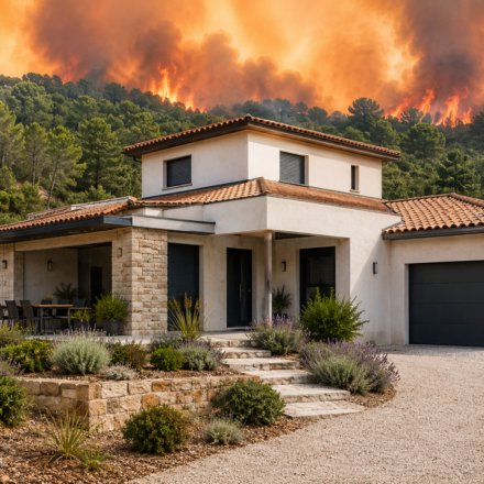 Maison construite avec des matériaux résistants au feu face à un incendie de forêt