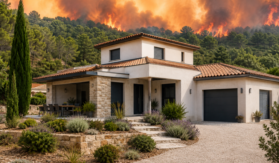 Maison construite avec des matériaux résistants au feu face à un incendie de forêt