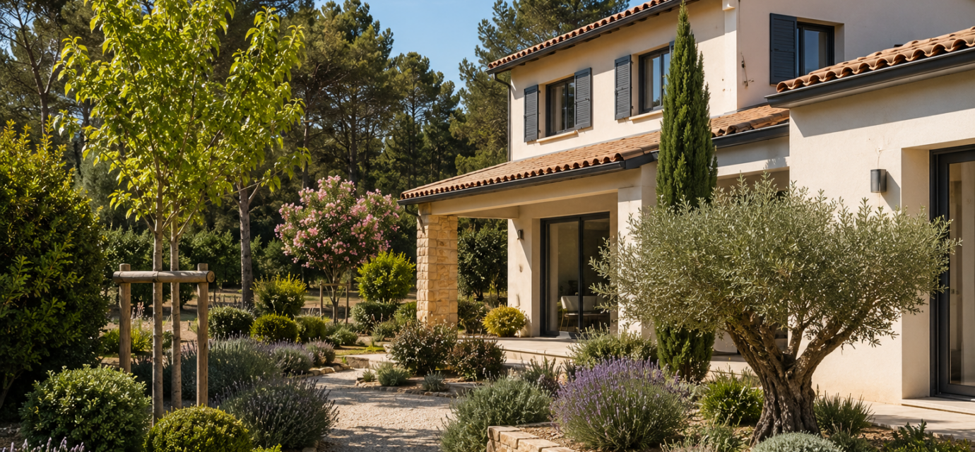 Incendies de forêt : les végétaux qui limitent la propagation des flammes autour de votre maison Jardin aménagé avec des arbres et des plantes peu inflammables pour protéger une maison contre les incendies de forêt