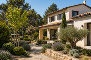 Jardin aménagé avec des arbres et des plantes peu inflammables pour protéger une maison contre les incendies de forêt