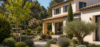 Jardin aménagé avec des arbres et des plantes peu inflammables pour protéger une maison contre les incendies de forêt