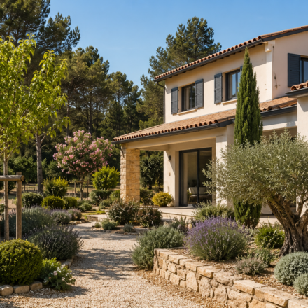 Jardin aménagé avec des arbres et des plantes peu inflammables pour protéger une maison contre les incendies de forêt