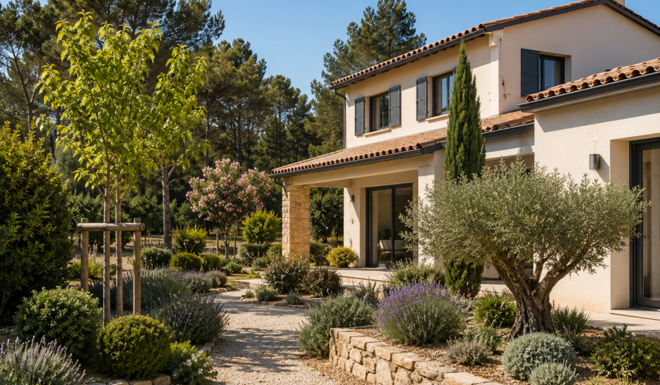Jardin aménagé avec des arbres et des plantes peu inflammables pour protéger une maison contre les incendies de forêt