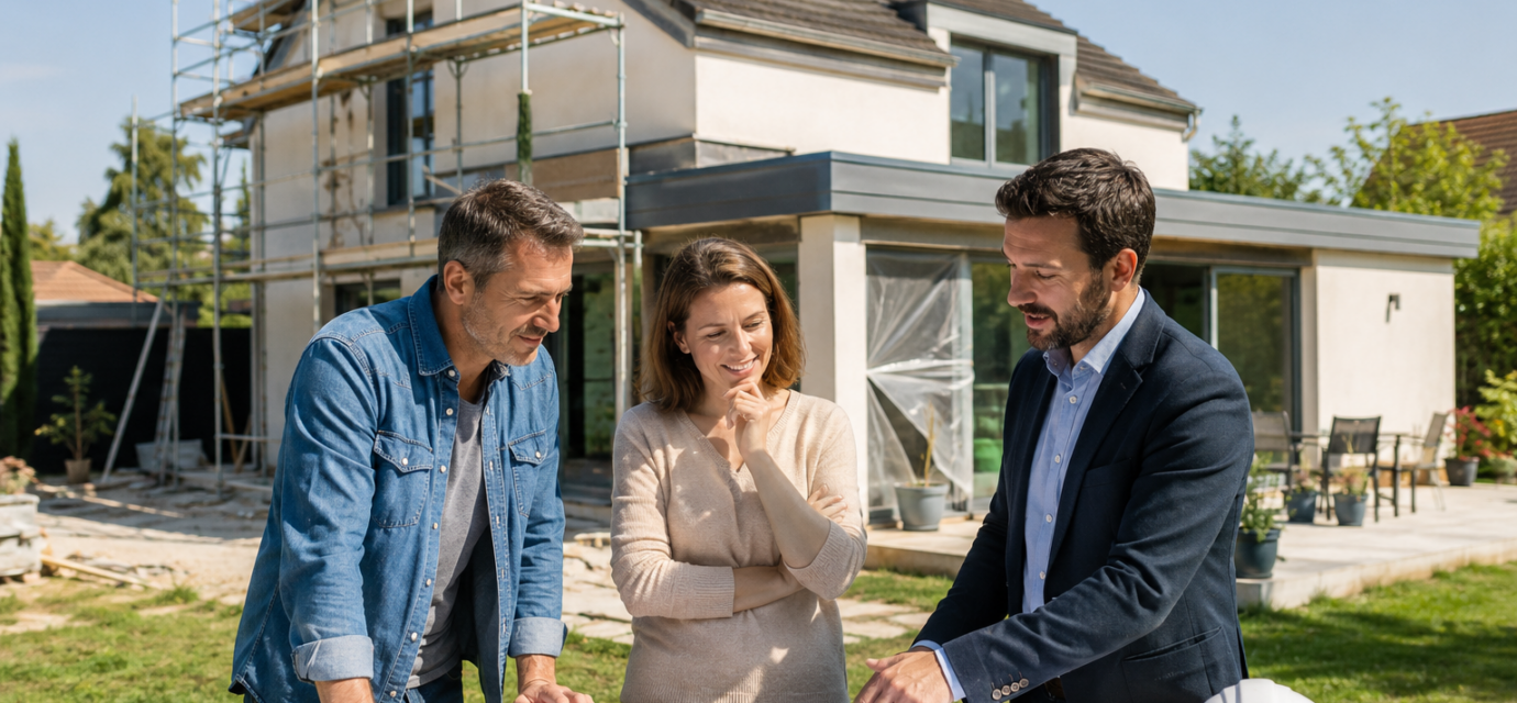 Travaux et urbanisme : les démarches que les propriétaires oublient encore trop souvent Un couple échange avec un architecte devant les plans de rénovation de leur maison avant de réaliser les démarches d'urbanisme.