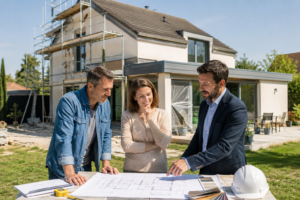Un couple échange avec un architecte devant les plans de rénovation de leur maison avant de réaliser les démarches d'urbanisme.