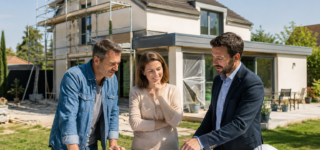 Un couple échange avec un architecte devant les plans de rénovation de leur maison avant de réaliser les démarches d'urbanisme.