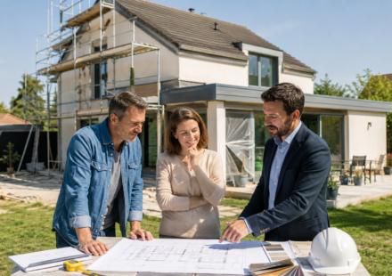 Un couple échange avec un architecte devant les plans de rénovation de leur maison avant de réaliser les démarches d'urbanisme.