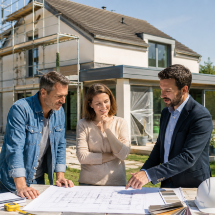 Un couple échange avec un architecte devant les plans de rénovation de leur maison avant de réaliser les démarches d'urbanisme.
