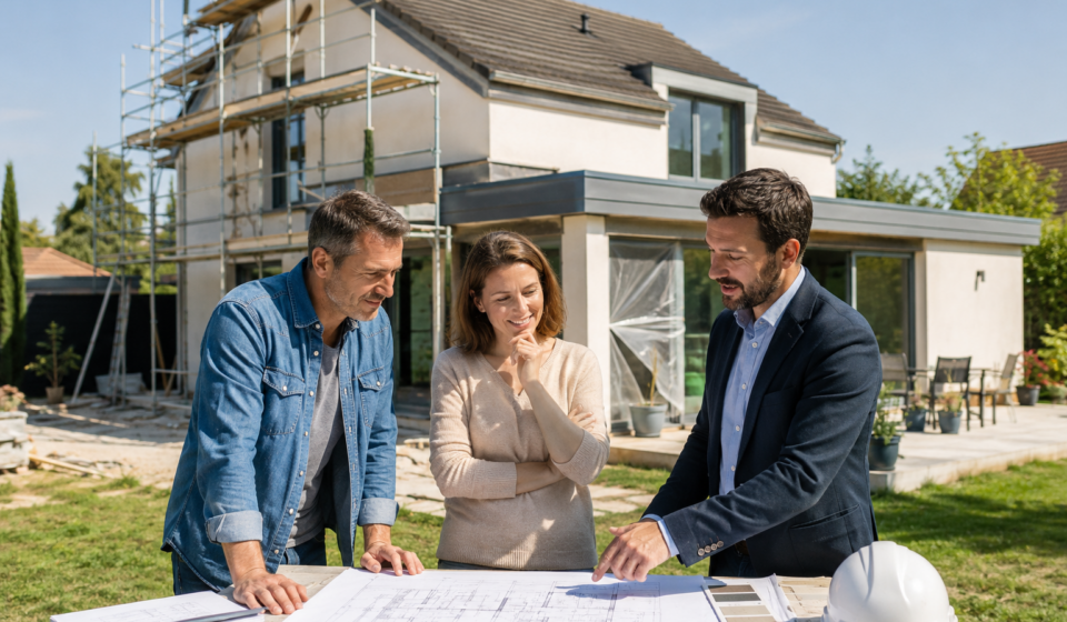Travaux et urbanisme : les démarches que les propriétaires oublient encore trop souvent Un couple échange avec un architecte devant les plans de rénovation de leur maison avant de réaliser les démarches d'urbanisme.