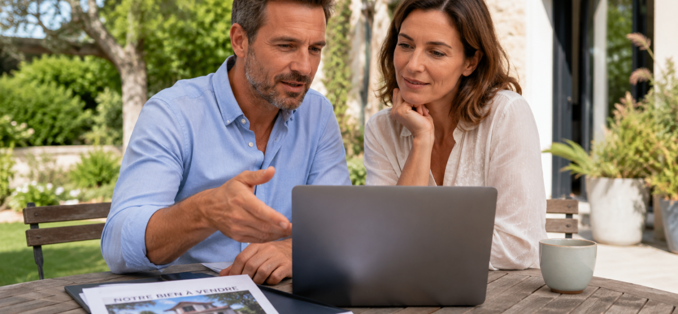Couple préparant la vente de son logement avec un agent immobilier en 2026