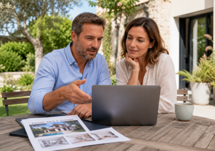 Couple préparant la vente de son logement avec un agent immobilier en 2026