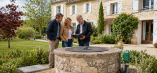 Acquéreurs et professionnel vérifiant le puits d’une maison avant son achat