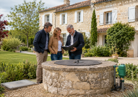 Acheter une maison avec un puits : quels droits et quelles obligations ? Acquéreurs et professionnel vérifiant le puits d’une maison avant son achat