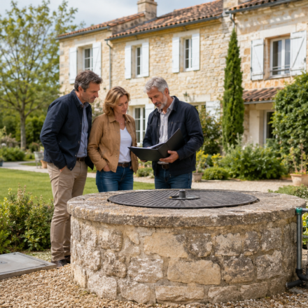 Acquéreurs et professionnel vérifiant le puits d’une maison avant son achat