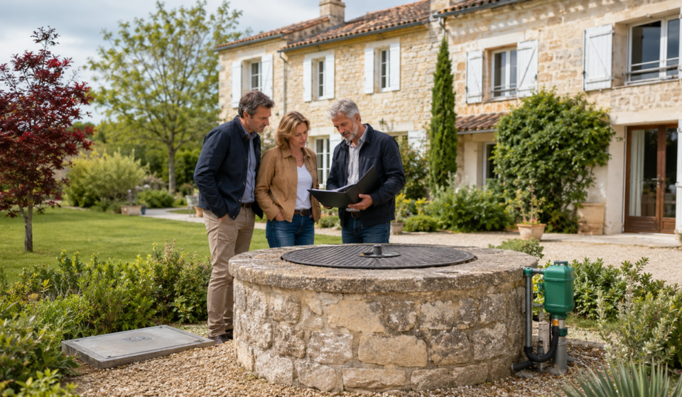 Acheter une maison avec un puits : quels droits et quelles obligations ? Acquéreurs et professionnel vérifiant le puits d’une maison avant son achat