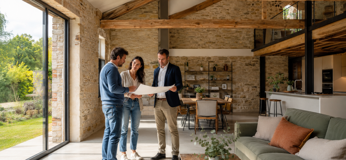 Couple et architecte étudiant la transformation d’une grange en logement