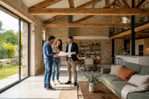 Couple et architecte étudiant la transformation d’une grange en logement