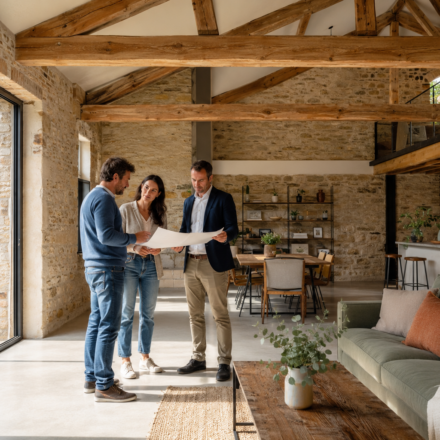 Couple et architecte étudiant la transformation d’une grange en logement
