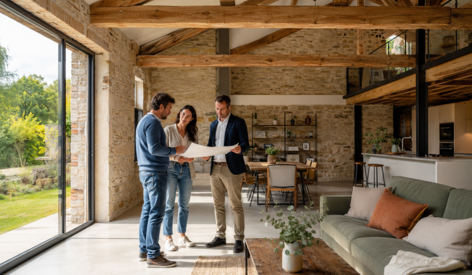 Couple et architecte étudiant la transformation d’une grange en logement