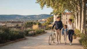 Une famille profite du cadre de vie ensoleillé de Valence dans la vallée du Rhône
