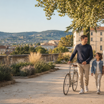 Une famille profite du cadre de vie ensoleillé de Valence dans la vallée du Rhône