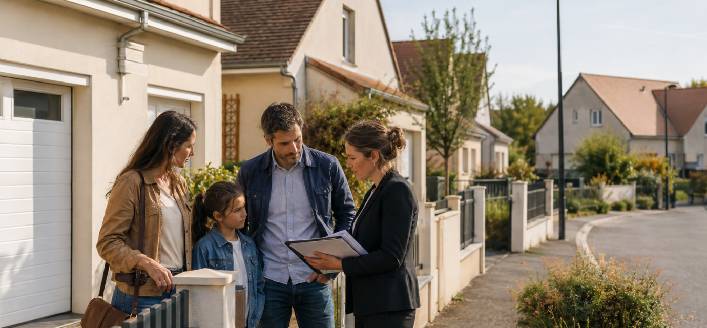 Famille visitant une maison dans un lotissement avec un agent immobilier