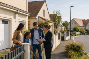 Famille visitant une maison dans un lotissement avec un agent immobilier