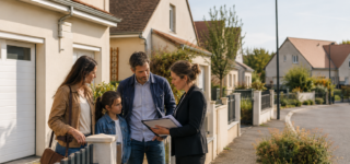 Famille visitant une maison dans un lotissement avec un agent immobilier