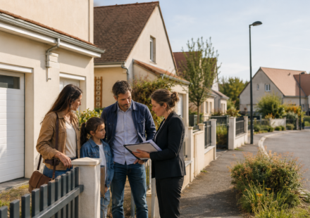 Famille visitant une maison dans un lotissement avec un agent immobilier