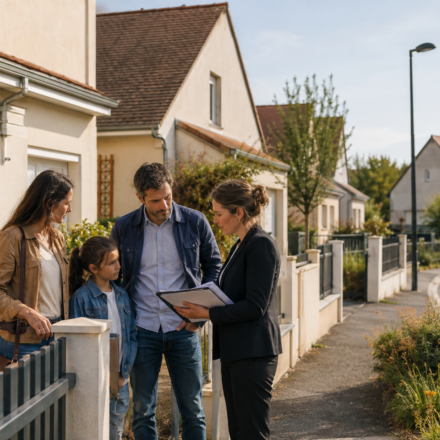 Famille visitant une maison dans un lotissement avec un agent immobilier