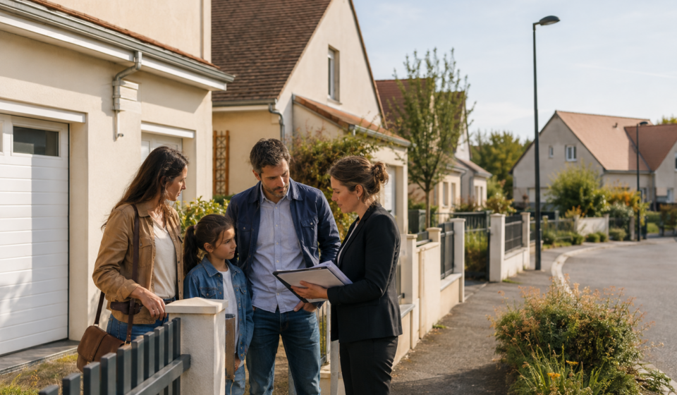 Famille visitant une maison dans un lotissement avec un agent immobilier