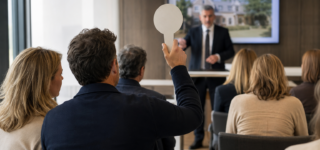 Couple participant à une vente immobilière aux enchères notariales
