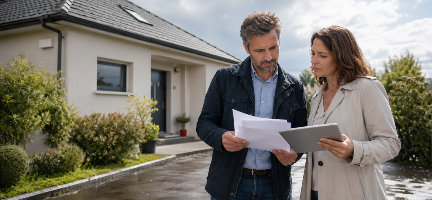 Immobilier et assurance : le coût de l’assurance habitation commence-t-il à modifier la valeur des logements ? Couple étudiant le coût de l’assurance habitation devant sa maison