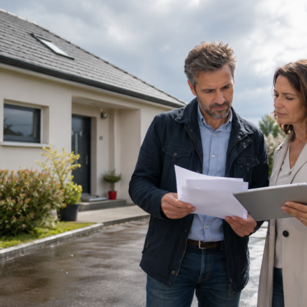 Immobilier et assurance : le coût de l’assurance habitation commence-t-il à modifier la valeur des logements ? Couple étudiant le coût de l’assurance habitation devant sa maison