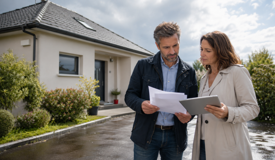 Immobilier et assurance : le coût de l’assurance habitation commence-t-il à modifier la valeur des logements ? Couple étudiant le coût de l’assurance habitation devant sa maison