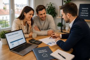 Couple étudiant son financement immobilier avec un conseiller en août 2026