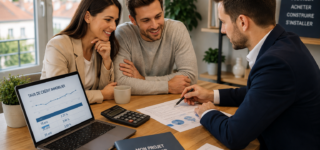 Couple étudiant son financement immobilier avec un conseiller en août 2026