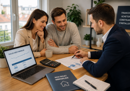 Couple étudiant son financement immobilier avec un conseiller en août 2026