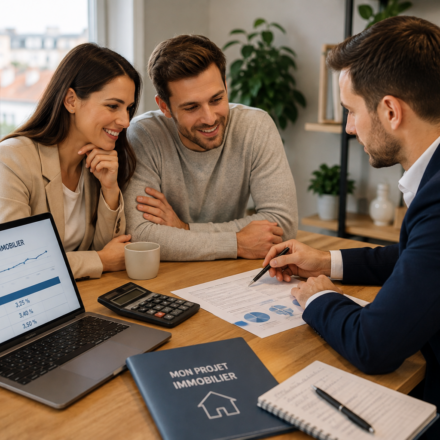 Baromètre du crédit immobilier – Août 2026 Couple étudiant son financement immobilier avec un conseiller en août 2026