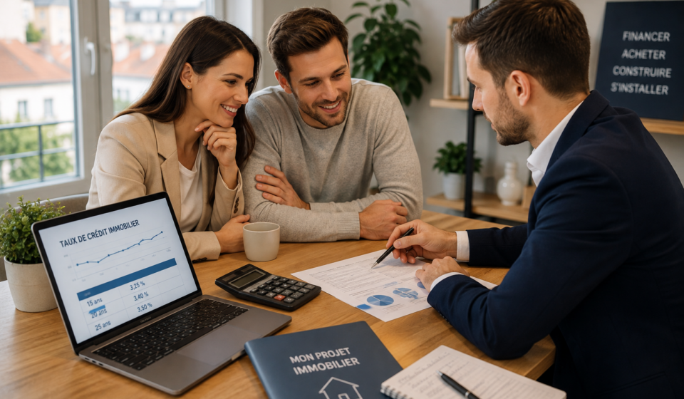 Couple étudiant son financement immobilier avec un conseiller en août 2026
