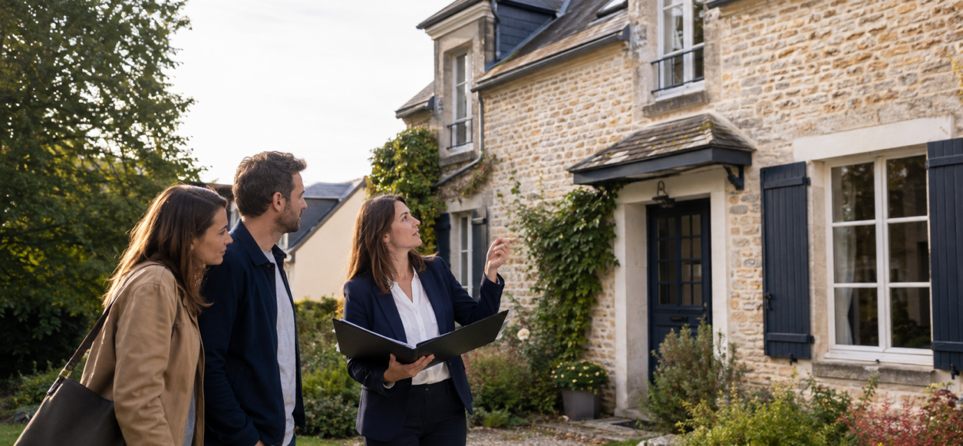 Couple visitant avec une agente un bien immobilier remis en vente à la rentrée