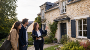 Couple visitant avec une agente un bien immobilier remis en vente à la rentrée