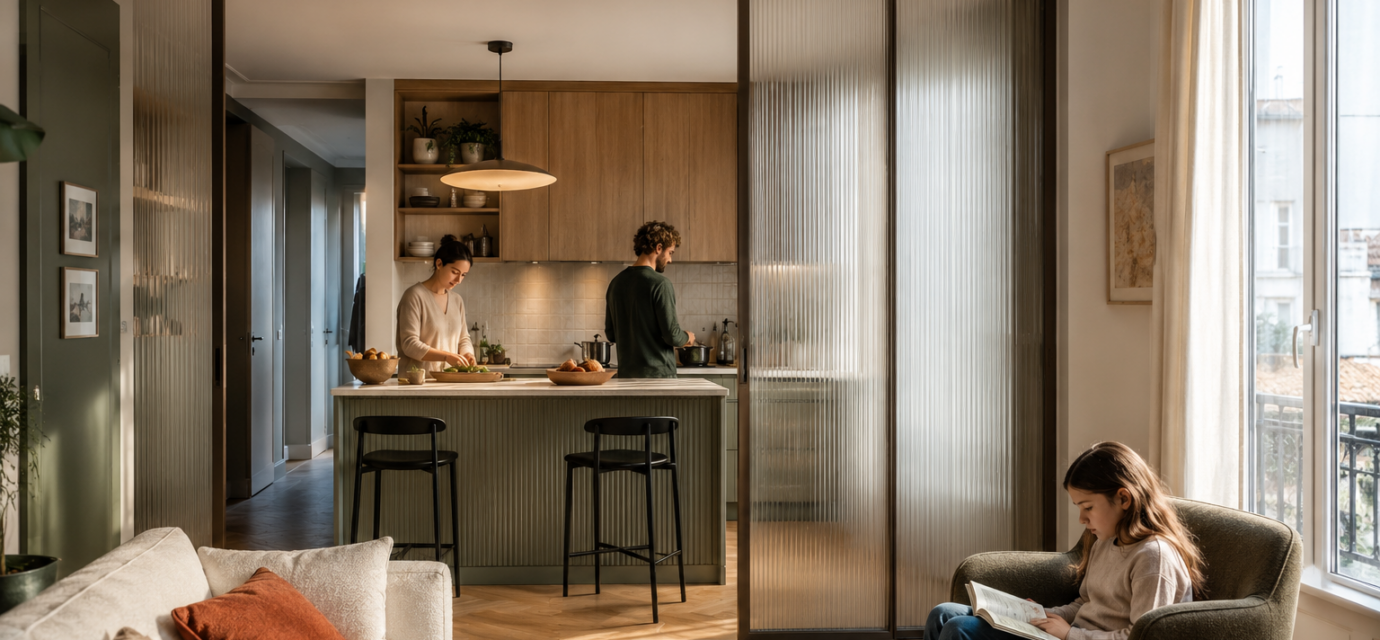 Cuisine semi-ouverte séparée du salon par une cloison vitrée coulissante
