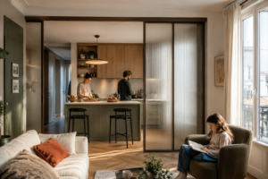 Cuisine semi-ouverte séparée du salon par une cloison vitrée coulissante