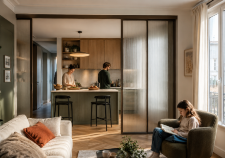 Cuisine semi-ouverte séparée du salon par une cloison vitrée coulissante