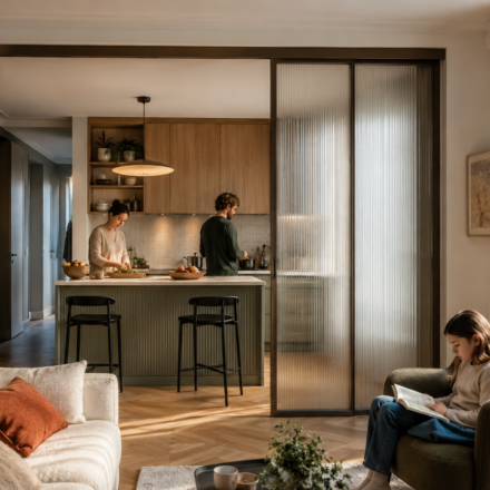 Cuisine semi-ouverte séparée du salon par une cloison vitrée coulissante