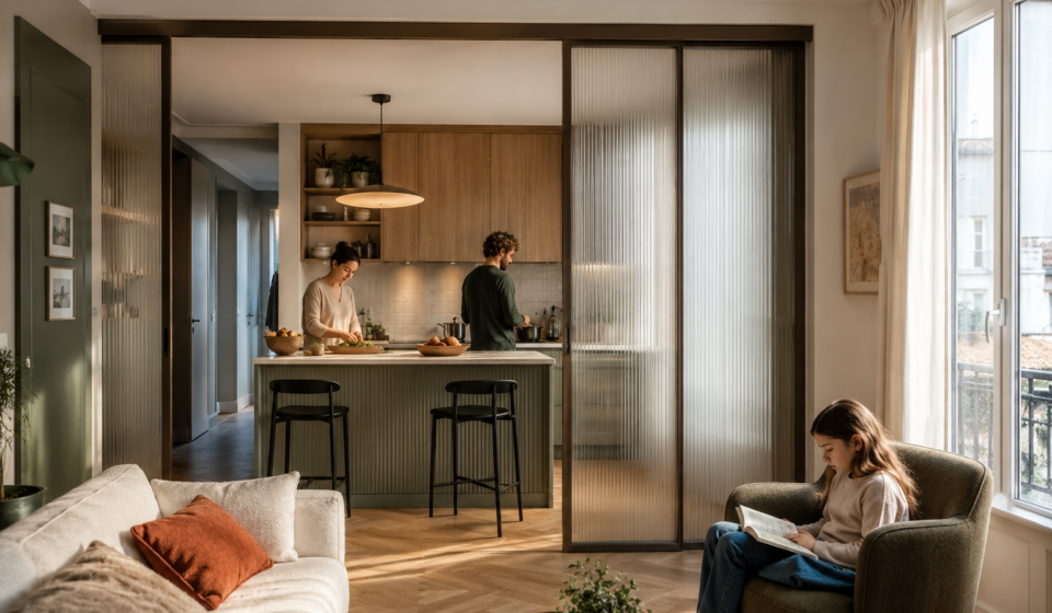 Cuisine semi-ouverte séparée du salon par une cloison vitrée coulissante