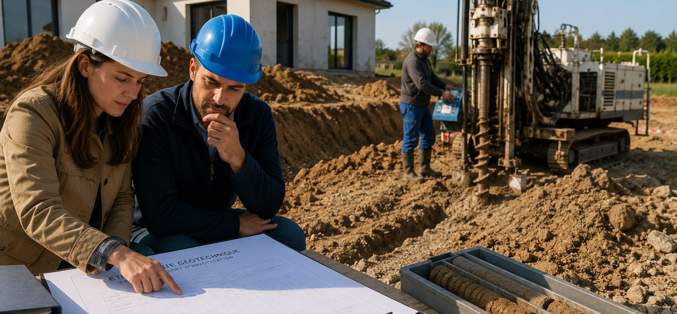 Professionnels réalisant une étude de sol géotechnique sur un terrain avant la construction d’une maison