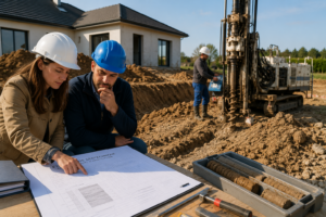 Professionnels réalisant une étude de sol géotechnique sur un terrain avant la construction d’une maison
